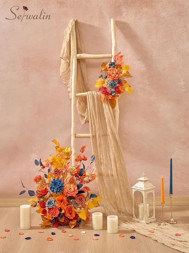Serwalin Fall Flowers Artificial, Orange Silk Flowers with Stems, Fake Roses Blue Dahia Flower for Wedding Bouquets Bridal Baby Shower Party Arrangment Cake Floral Decoration