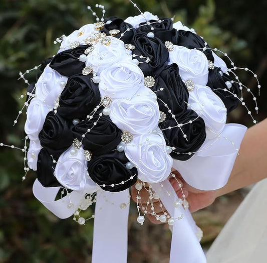 Bridal Wedding Bouquet Round Bling Brooch Bouquet Throw Toss Artificial Rose Flower Bunch for Bride Bridesmaid Wedding Quinceanera(White & Black, 8.7")