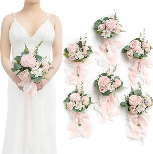 Ling's moment Artificial Flowers Pink Bridesmaid Bouquet Set of 6, Blush & Cream Wedding Flowers Bouquets for Bridesmaids, 7 Inch Bridal Bouquets for Bridesmaids, Wedding, Ceremony, Anniversary, etc