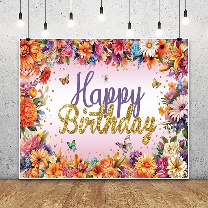 Colorful Flowers and Butterflies Birthday Backdrop, 10x8ft, Polyester Fabric, Deal for Photo Shoots, Celebrations, and Decor, Perfect for Birthday Party Decoration and Event Photography
