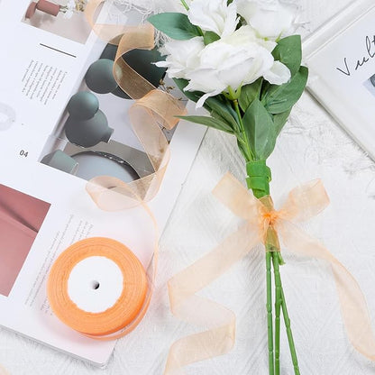 Orange Ribbon for Gift Wrapping 1 inch Sheer Organza Ribbon for Flower Bouquet Tulle Thin Chiffon Ribbons for Wedding Invitations Presents Decorations Crafts 50 Yards