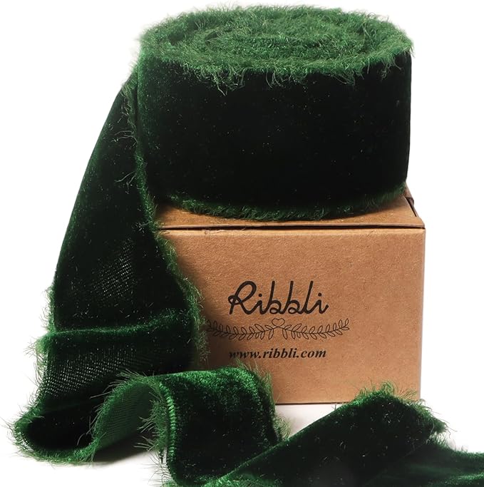 Ribbli Forest Green Velvet Ribbon 1.5 Inch Handmade Frayed Vintage Christmas Ribbon for Gift Wrapping Christmas Tree Ornament Wreath Craft Home Decor -3 Yards
