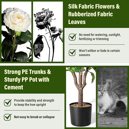 Artificial Camellia Tree,2Pack 3.6FT Faux White Camellia Plants in Pots,Lifelike Artificial Flower Trees for Indoor Outdoor Home Decor,Realistic Blooming Faux Plants for Living Room Porch Patio Office