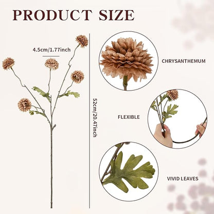 DuHouse 6pcs Artificial Flowers Faux Silk Pompon Mum,Silk Small Mini Chrysanthemum Ball with Stems for DIY Wedding Bouquets Centerpieces Vase Home Table Kitchen Decoration(Coffee)