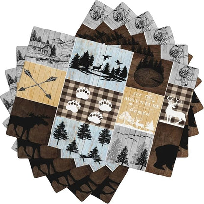Rustic Lodge Bear Deer Placemats 6 Pcs,Vintage Cabin Pine Cone Plaid Place Mats,Linen Dining Table Mats Home Kitchen Decor, 18 X 12 Inch 6 PCS, Style-22