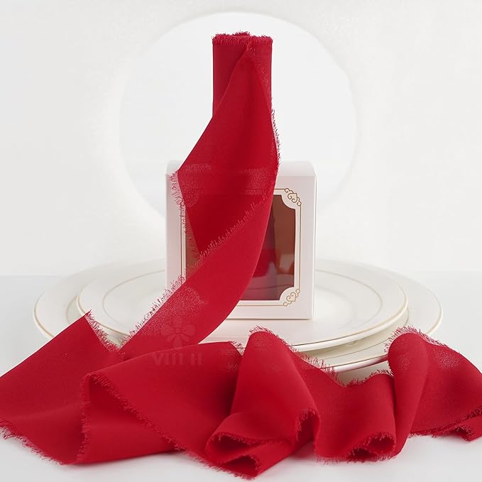 MEEDEE Red Chiffon Ribbon 3 Inch Frayed Ribbon Chiffon Silk Red Fringe Ribbons Wide Chiffon Ribbons for Crafts, Flower Bouquet, Wedding Favors Wrapping (2 Rolls 10 Yards)
