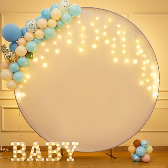 6.6 FT White Round Backdrop Cover with Lights String for Circle Arch Stand Circle Backdrop Covers with LED Fairy Lights for Wedding Arch Baby Shower Birthday Party Photo Shoot Photography Background