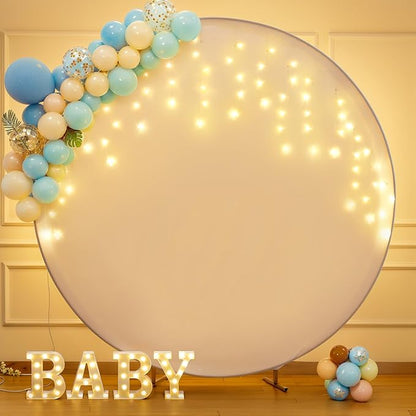 7.2 FT White Round Backdrop Cover with Lights String for Circle Arch Stand Circle Backdrop Cover with LED Fairy Lights for Wedding Arch Baby Shower Birthday Party Photo Shoot Photography Background