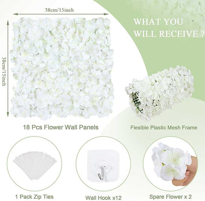 White Flower Wall Panels Backdrop with Green: Wedding Artificial Flower Wall Backdrop Hydrangea Floral Wall for Bridal Shower Party Decoration (18 Pcs 15 x 15 Inch)