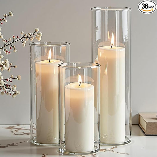 36-Pack White Pillar Candles with Glass Cylinder Vases - Elegant Tall Candle Holders for Weddings, Events, and Home Décor Centerpieces (36)