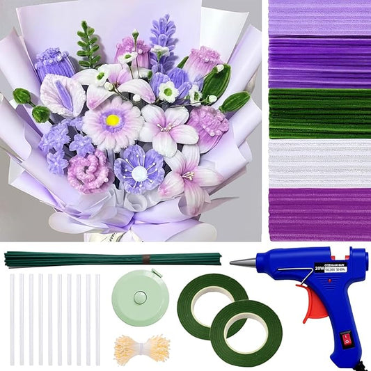 500 Pcs Pipe Cleaners for Crafts – 5 Colors Chenille Stems with Glue Guns & Tape Measure – Perfect for DIY Projects, Holiday & Room Decorations, Arts and Crafts Activities (Purple, 12in x 8mm)