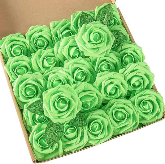 DuHouse 25Pcs Artificial Roses Flowers Fake Roses with Stems Real Touch Foam Flowers for DIY Wedding Bouquet Baby Shower Centerpiece Floral Arrangement Party Home Decor(Light Green)