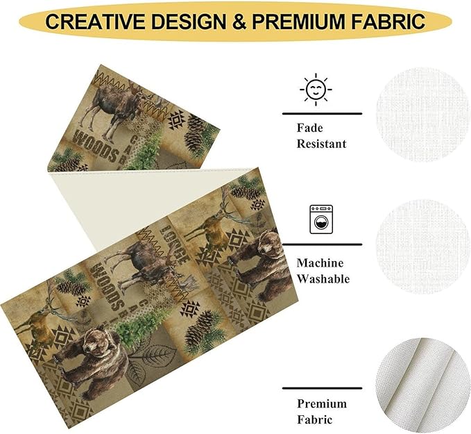 Rustic Cabin Table Runner, Farmhouse Deer Bear Retro Pine Forest Native Aztec Wild Animal Seasonal Coffee Table Center Decor for Home Kitchen Dining Patio Holiday Party Table Decorations 13x36 inches