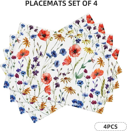 Placemats 4 pcs Watercolor Flower Double-Layer Imitation Linen Place Mats Non-Slip Heat-Resistant Tablemats for Home Restaurant Hotel 18×12 Inch