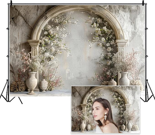 7x5ft White Flowers Wedding Backdrop Countryside Wildflower Vintage Palace Concrete Wall Photography Background for Valentines Day Bridal Shower Mothers Day Princess Couples Portraits