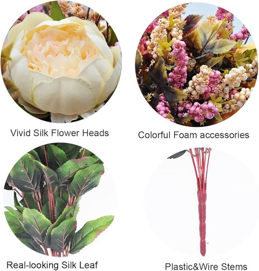 1pcs Artificial Peony Bouquet,19 Inch Silk Peony Bunch with 7 Faux Flowers,Classical Style Artificial Flowers with Leaves and Ornaments for Wedding,Home Décor Centerpieces(White)