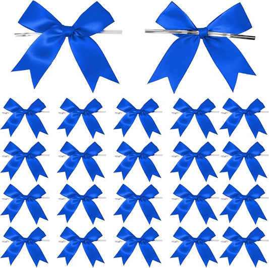 50 Counts Royal Blue Twist Tie Bows 3.1" Pre-Tied Satin Ribbon Bow Decor Mini Twist Tie Bows for Gift Wrapping Treat Bags Cake Bridal Baby Shower Birthday Party Favors Wedding Decorations