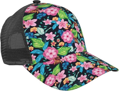 Tropical Pink Flowers Hats Women Men Hawaii Trucker Hat Adjustable Snapback Mesh Baseball Cap Hat