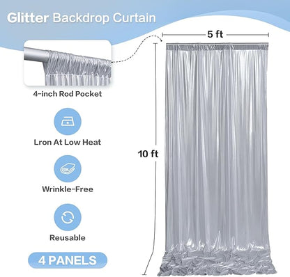 gogoparti 20X10 FT Silver Backdrop Curtain for Parties, Glitter Photo Backdrop Drapes, 4 Panels of 5x10 FT Wrinkle-Free Sequin Curtain Drapes for Wedding, Birthday, Christmas Photography