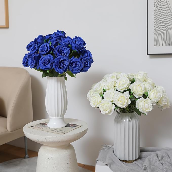 Tifuly Roses Artificial Flowers - 12 pcs Realistic Long Stem Fake Roses Mashup Style Silk Roses for DIY Bouquets Wedding Centerpieces Arrangements Home Party Decor（White & Blue）