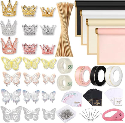 Majreey Floral Wrapping Paper Kit, 80Sheet Waterproof Floral Paper, 3Rolls Ribbon for Flower Bouquet, 2Rolls Transparent Tape,100Pcs Flower Pins, 48Pcs 3D Butterflies, 9Pcs Crowns for Florist Wrapping