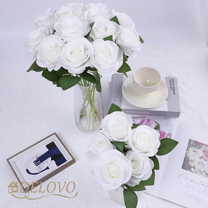 52pcs White Roses Artificial Flowers Ivory Fake Flowers Silk Roses with Stems for DIY Wedding Bouquets Bridal Shower Centerpieces Arrangements Party Decorations