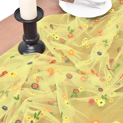Joanlody Yellow Embroidery Daisy Christmas Table Runner Florals Seasonal Tulle Table Runner Holiday Kitchen Dining Table Decoration Wedding Party