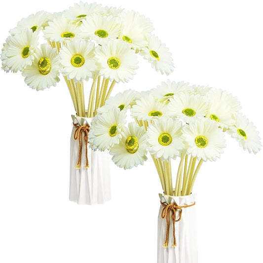 WILLBOND 24 Pieces Artificial Gerbera Daisies Flowers Fake Daisy Faux Boho Daisy Flowers Bouquet 15 in for Boho Birthday Decorations Wedding Home Decor (White)