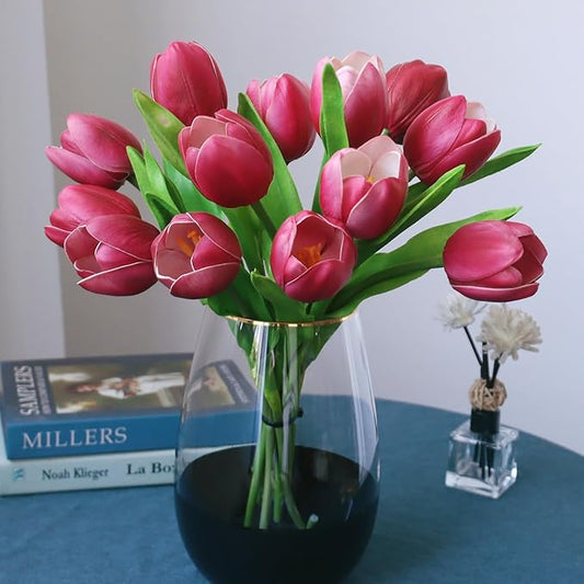 Buart Wine red Tulip Flowers Artificial Luxury Big Tulip Valentine's Day Mother's Day Easter Home Kitchen Wedding Decorations(11pcs)