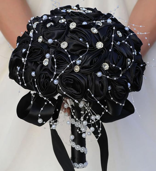 Bridal Wedding Bouquet Round Bling Brooch Bouquet Throw Toss Artificial Rose Flower Bunch for Bride Bridesmaid Wedding Quinceanera(Black, 7.5")