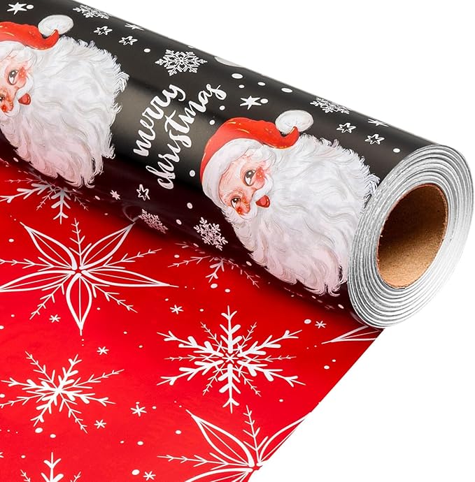 MAYPLUSS Christmas Wrapping Paper Roll - 17 Inch X 33 Feet - Merry Christmas Santa Claus Reversible Snowflake Gift Wrapping Paper, Thick Wrap Paper for Holiday Party New Year Kids