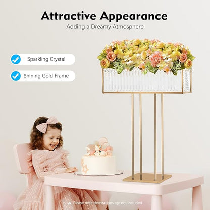 Crystal Wedding Flower Stand,Wedding Gold Vases Centerpieces,Squre Gold Flower Holders Floral Display Rack for Tables
