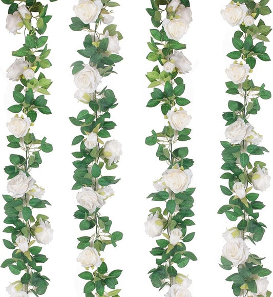 TELDRASSIL 4Pcs(26 FT) Artificial Rose Vine Fake Flower Garland Fake Silk Rose Hanging Vine for Wedding Party Background Arch Garden Background Decoration (White)