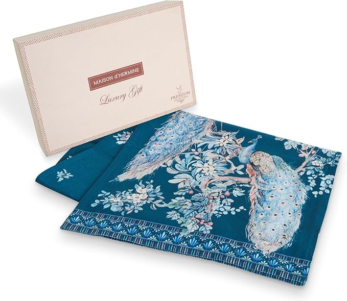 Maison d' Hermine Tablerunners 100% Combed Cotton Premium Table Runner Decorative Table Cover, Home, Kitchen & Camping, Peacock Utopia - Deep Sea, Double Layer - (14.5"x72")