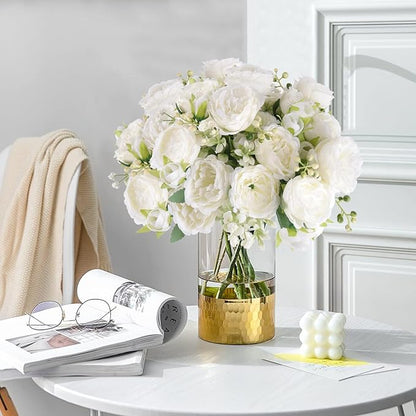 Artificial Peonies Silk Flowers, White Faux Peony Bouquet 2 Bundles Florals Arrangements Decor for Farmhouse Home Boho Wedding Table Centerpiece, Fake Plastic Flowers Bulk for Vase Decoration (White)