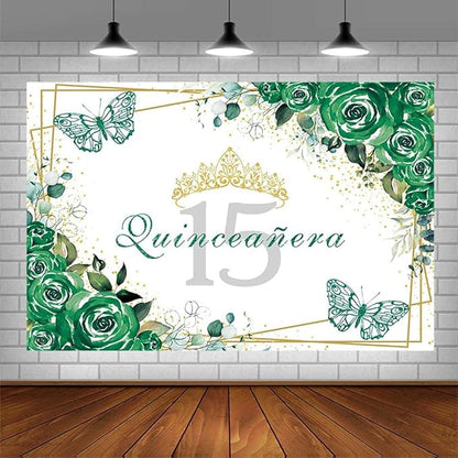 SENDY 8x6ft Quinceañera Backdrop Mis Quince 15 Anos Birthday Party Decorations Supplies for Girl Princess Green Floral Butterfly Gold Crown Photography Background Banner Photo Booth Studio Props
