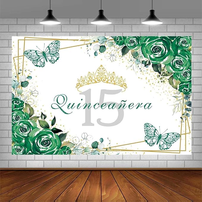 Sendy 7x5ft Quinceañera Backdrop Mis Quince 15 Anos Birthday Party Decorations Supplies for Girl Princess Green Floral Butterfly Gold Crown Photography Background Banner Photo Booth Studio Props
