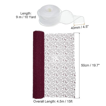 PATIKIL Flower Wrapping Mesh Paper, 15ft Floral Bouquet Craft Packaging Hollow Net Yarn with Ribbon for Flowers Gift Packaging, Burgundy Red