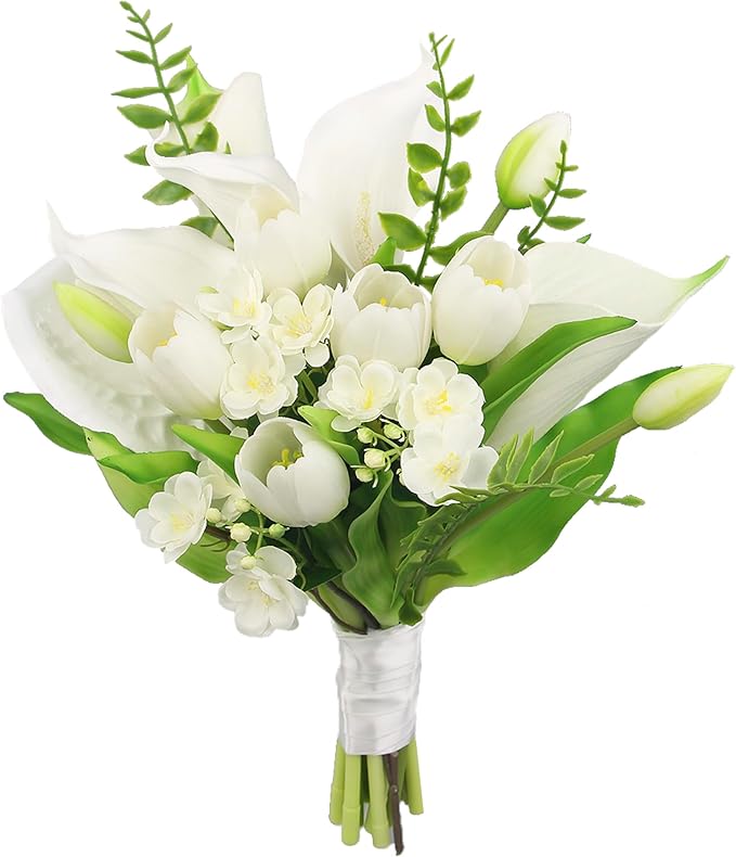 Rinlong 11.8 Inch Silk Posy Wedding Bouquets for Bride Artificial Tulip Small Toss Bridal Bouquet Courthouse Wedding Bridesmaid Prom Bouquet