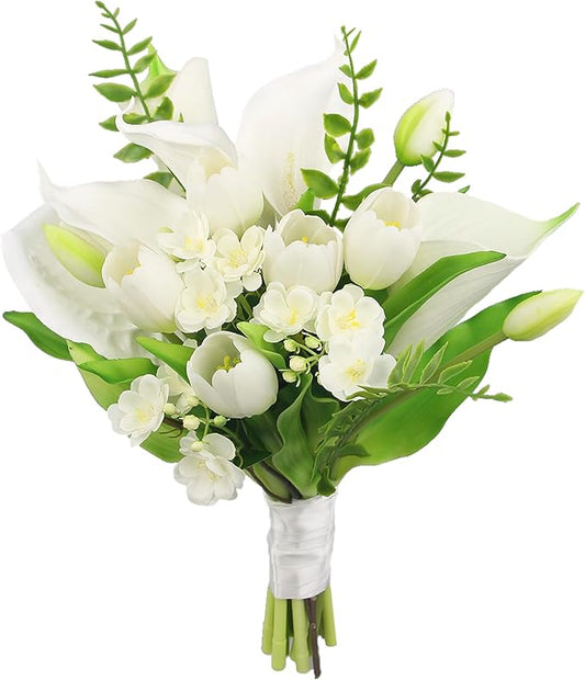 Rinlong 11.8 Inch Silk Posy Wedding Bouquets for Bride Artificial Tulip Small Toss Bridal Bouquet Courthouse Wedding Bridesmaid Prom Bouquet