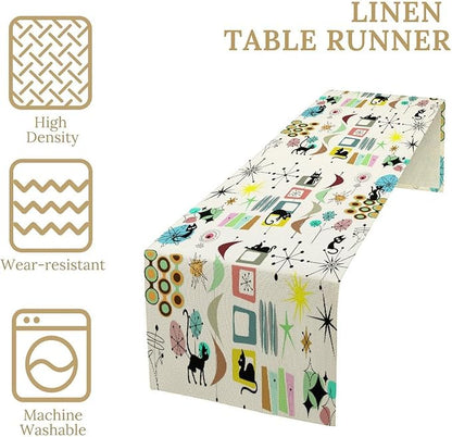 Colorful Geometric Table Runner,Vintage Mid Century Cute Cat Abstract Morden Print Tablecloth Burlap for Hotel Indoors Outdoor Dining Room Kitchen Home Decor, 13x90in