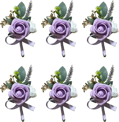 6PCS Purple Lavender Boutonniere for Men, Lilac Boutonniere Pins for Men Groomsmen Guest Boutonniere, Artificial Flowers for Wedding Decor Prom Homecoming