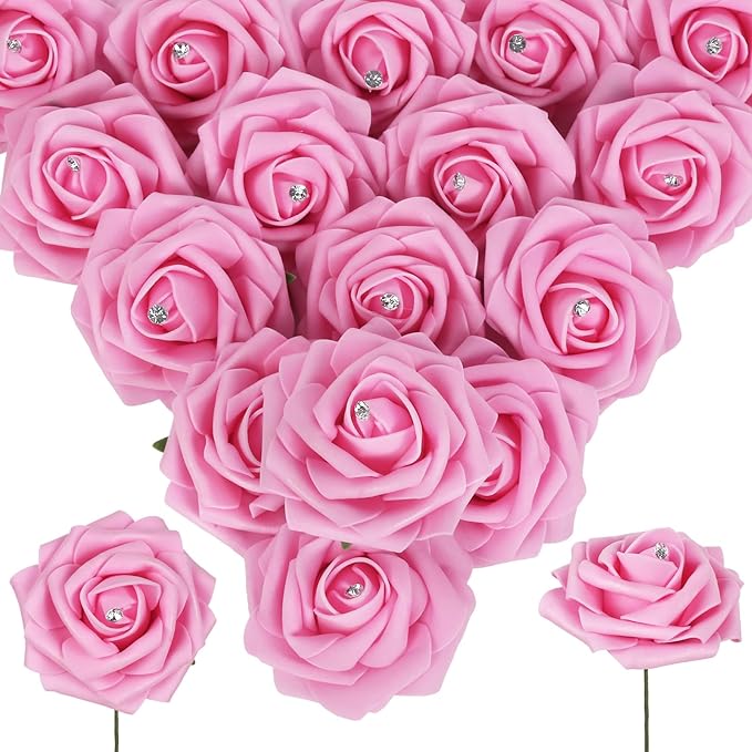 Pink Roses with Crystal 50PCS Artificial Roses with Stems2.95 Realistic Fake Roses Pink Foam Flowers for DIY Craft Corsage Wedding Bridal Shower Centerpieces Table Decor (Pink)