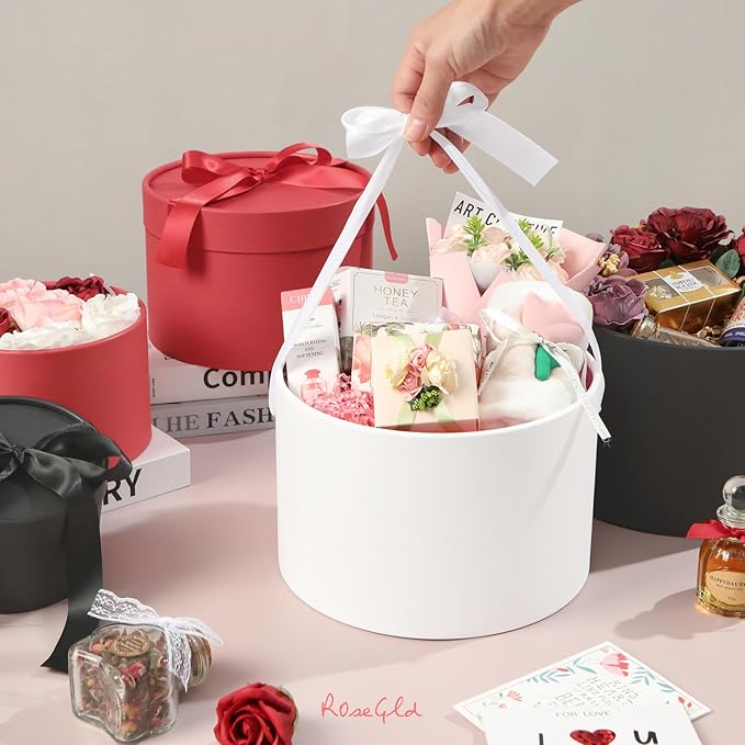 ROSEGLD Round Gift Boxes with Lids Set of 4, Luxury Gift Boxes with Ribbons Assorted Sizes, Nesting Gifts Boxes for Flowers Arrangements, Bridesmaid, Proposal, Wedding, Birthday, Party (Matte White)