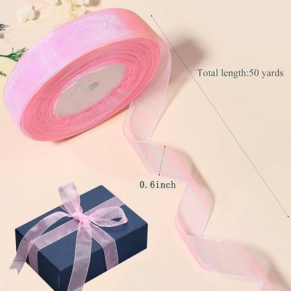 Cftone 4 Yards Pearl Edge Flower Wrapping Mesh Paper with 3/5 inch Organza Ribbon 50 Yard Gift Wrap Ribbon, Bouquet Transparent Mesh Wrapping Paper for Mother's Day Valentine's Day Wedding Graduation Birthday Gift (Pink with 50 Yard Pink Ribbon)