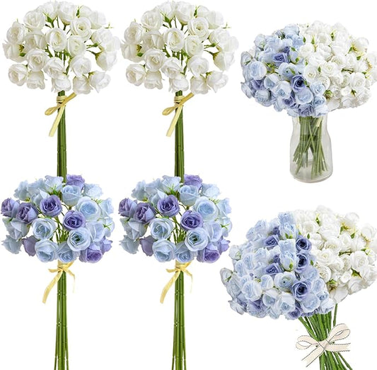 ASTRYAS Blue and White Roses Artificial Flowers, 36Pcs 108 Heads Fake Roses Flower Arrangement, Faux Silk Flowers Roses Bouquet for Home Decor Wedding Party Table Centerpieces DIY Bouquet