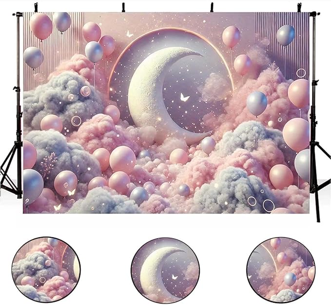 Dreamy Moon and Balloons Backdrop Pink Dreamy Balloon Moon Baby Birthday Decoration Kids Portrait Photo Backdrop Newborn Baby Photography Background (9x6feet)