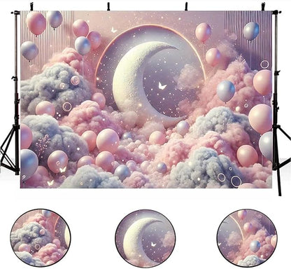 Dreamy Moon and Balloons Backdrop Pink Dreamy Balloon Moon Baby Birthday Decoration Kids Portrait Photo Backdrop Newborn Baby Photography Background (9x6feet)