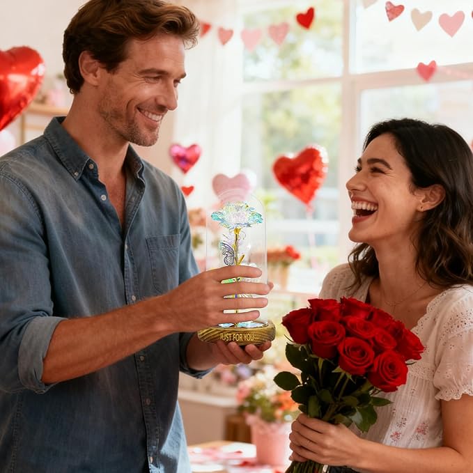 Artificial Glass Flowers, Encourages Romantic Gestures, 11.5x11.5x22cm, Wedding Decoration Dome, Rose Dome Centerpiece, LED Illuminated Design, for Holiday Birthday Mother’s Day Wedding Women