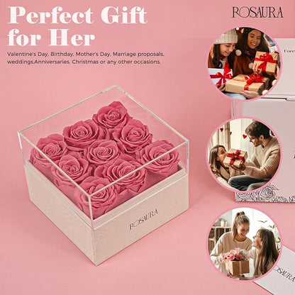 Rosaura Square Preserved Roses Gift Box - Real Forever Flowers in Clear Acrylic Lid, Christmas, Valentine's for Women (Pink, 9 Roses)